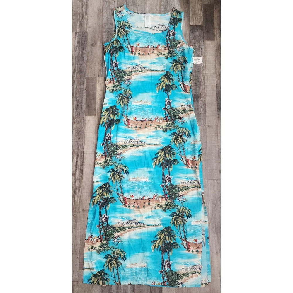 Karen Kane Maxi Dress Womens Medium Blue Tropical Hawaiian Beach Scene Rayon